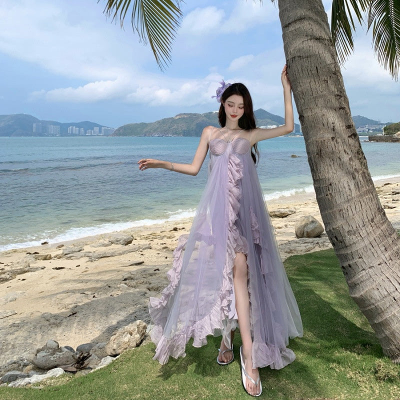 Fairy Leaf Hem Mesh Strapless Dress Women Summer Vacation Long Dress