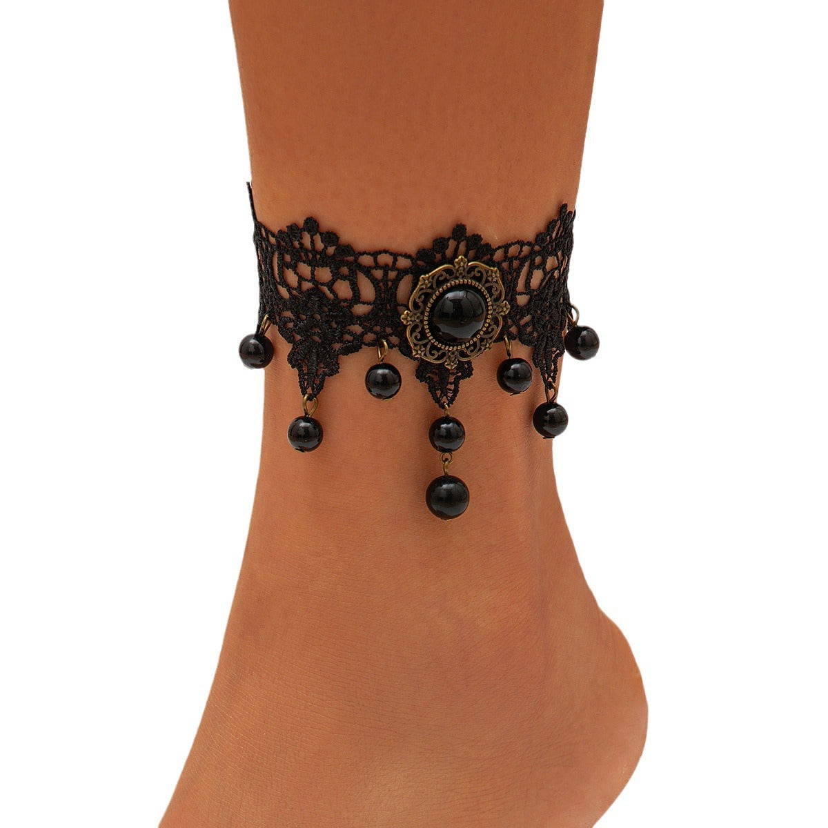 Halloween Gothic style black lace tassel vampire water droplet lace alloy ankle chain