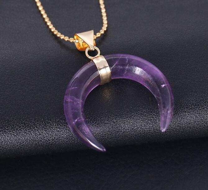 Natural Stones Crescent Moon Necklaces Pendants Purple Crystal Pink Quartz White Stone Gold Color Reiki Women Jewelry
