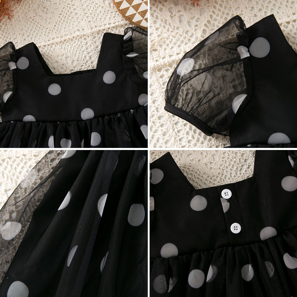Summer Baby Girl Black Polka Dot Mesh Dress, Square Neck Bubble Sleeve Princess Dress