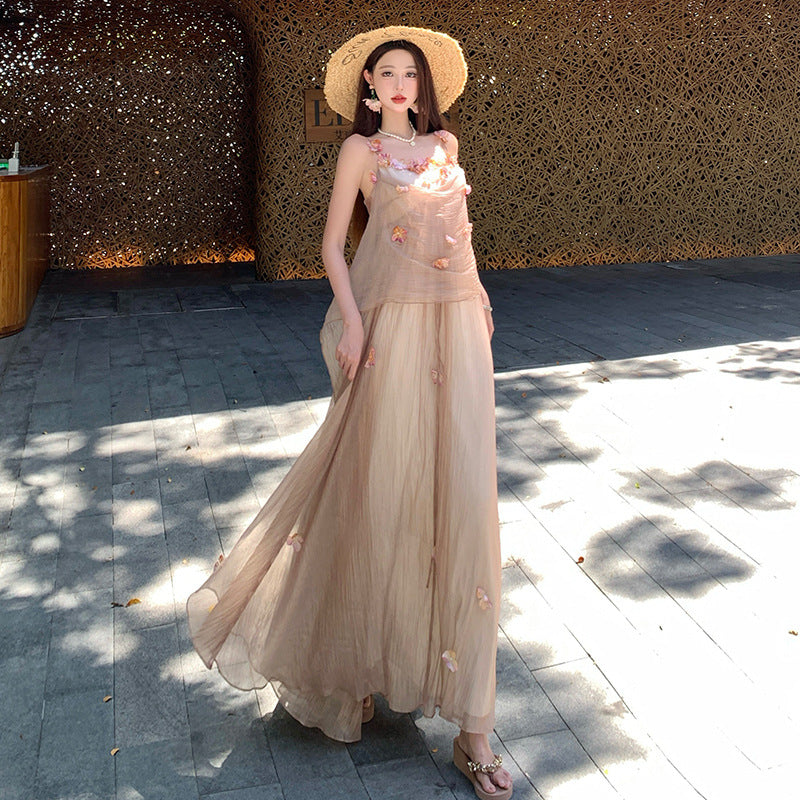 French Heavy Work V-Neck Three-Dimensional Flower Strapless Dress Vacation Fairy Long Dress
