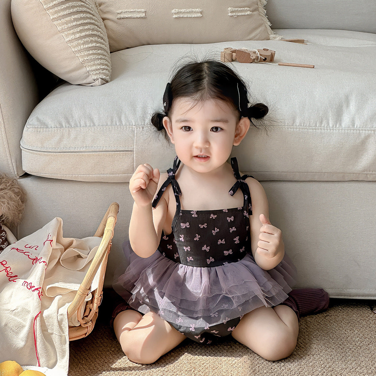 Baby Clothes Summer Sleeveless Butterfly Knot Romper for Girls, Mesh Baby Bodysuit for Newborns and 100-Day Celebration, Summer Outfit