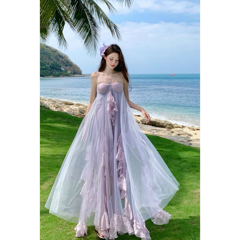Fairy Leaf Hem Mesh Strapless Dress Women Summer Vacation Long Dress
