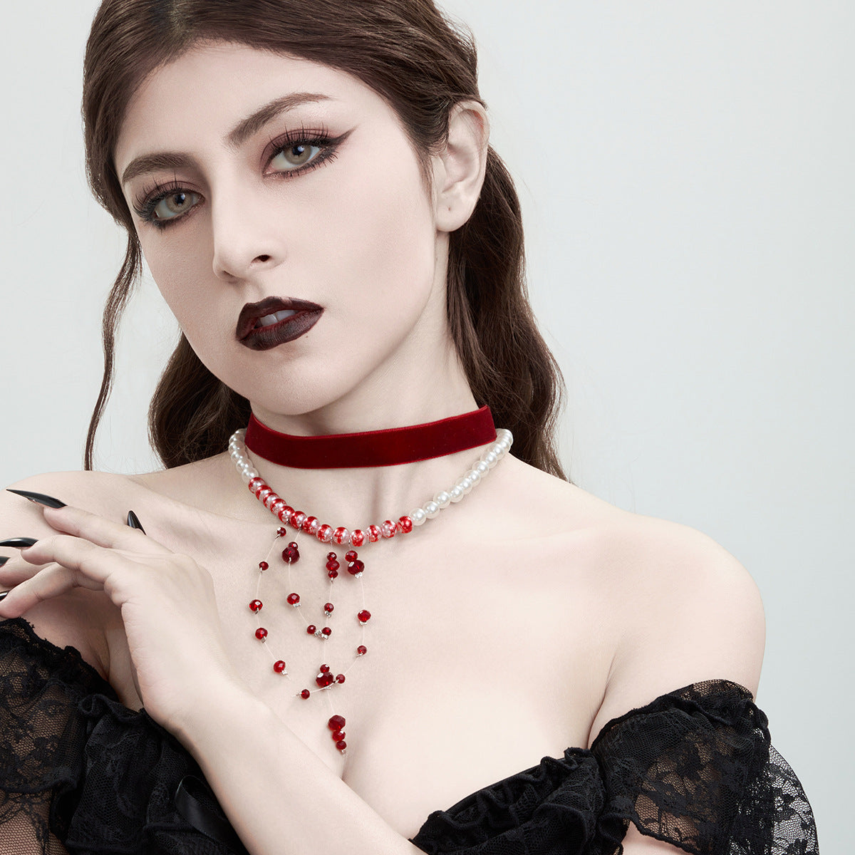 Gothic style pearl necklace choker Halloween blood drop tassel crystal collarbone chain