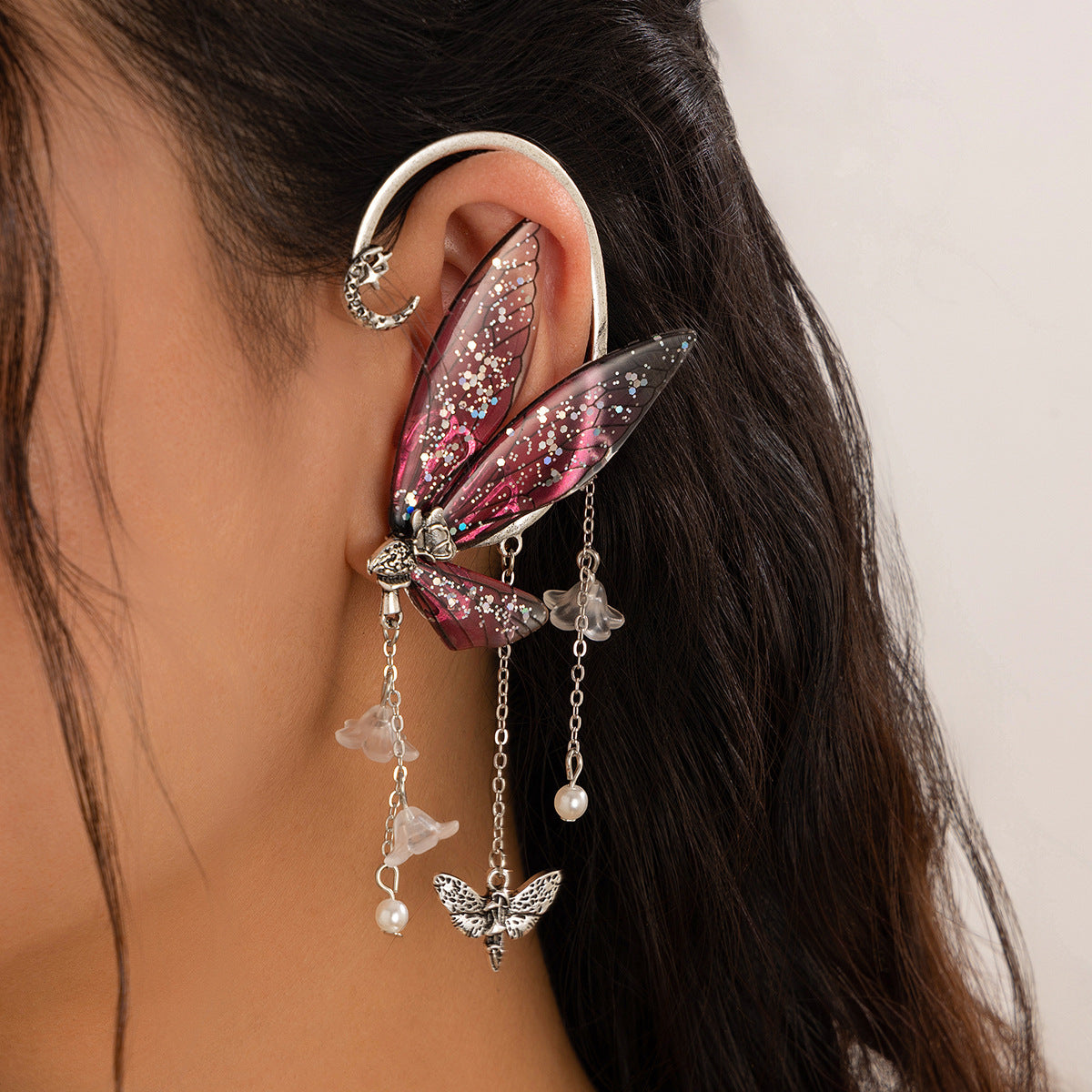 Forest style elf ear tassel ear hanging butterfly outline earring jewelry cross-border wing ear clip