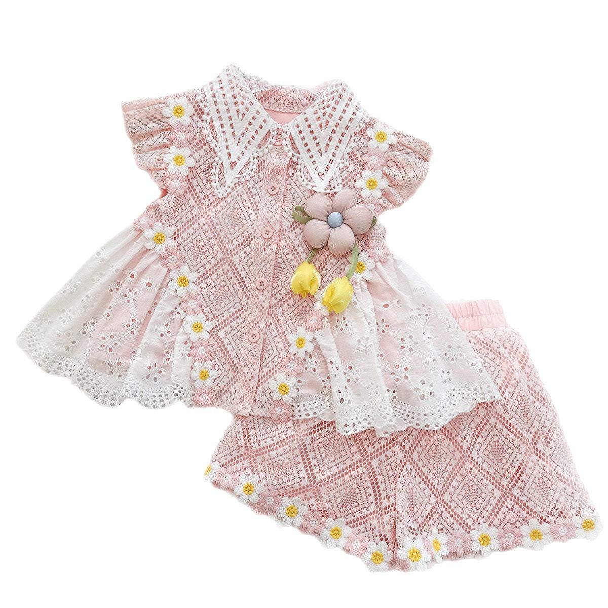 Summer Girls' Set New Lace Flower Top Ruffled Shorts Baby Girl Princess Two-Piece Set Fashion