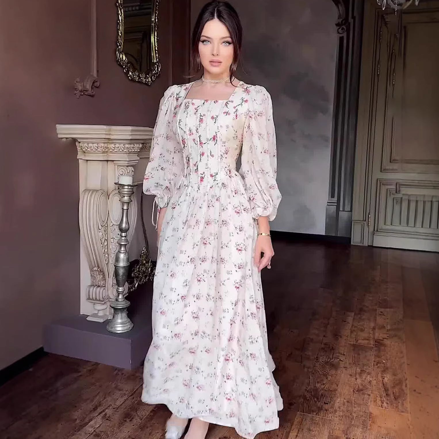 Floral Long Fitted Waist Belted Fairy Dress with Square Neck