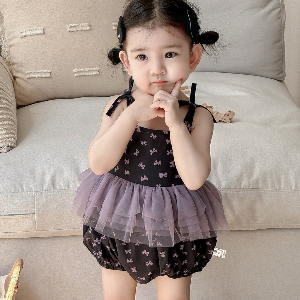 Baby Clothes Summer Sleeveless Butterfly Knot Romper for Girls, Mesh Baby Bodysuit for Newborns and 100-Day Celebration, Summer Outfit