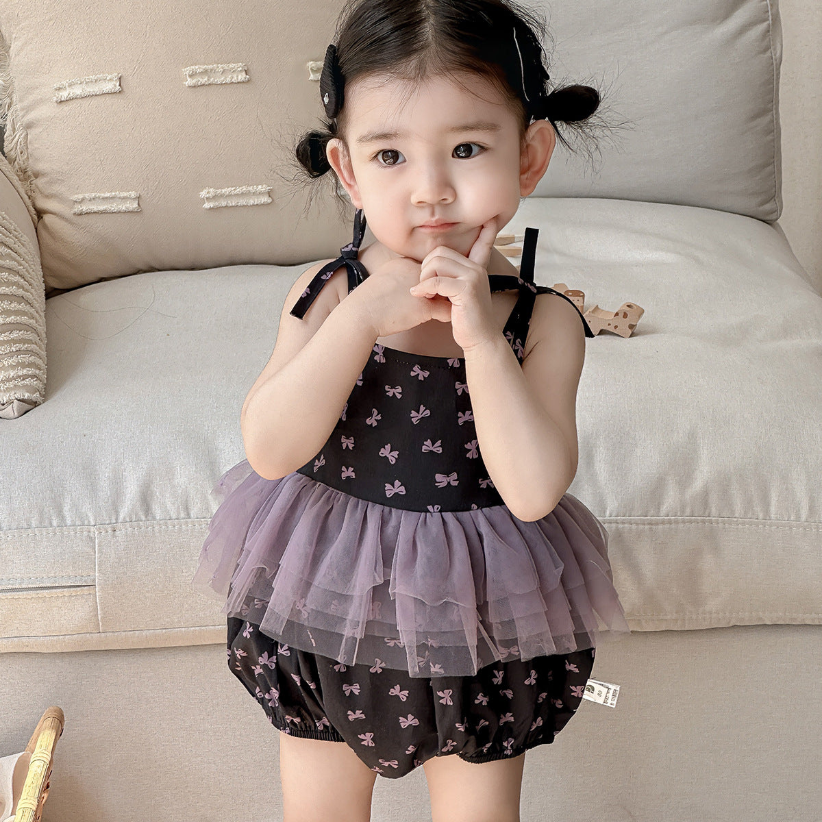 Baby Clothes Summer Sleeveless Butterfly Knot Romper for Girls, Mesh Baby Bodysuit for Newborns and 100-Day Celebration, Summer Outfit