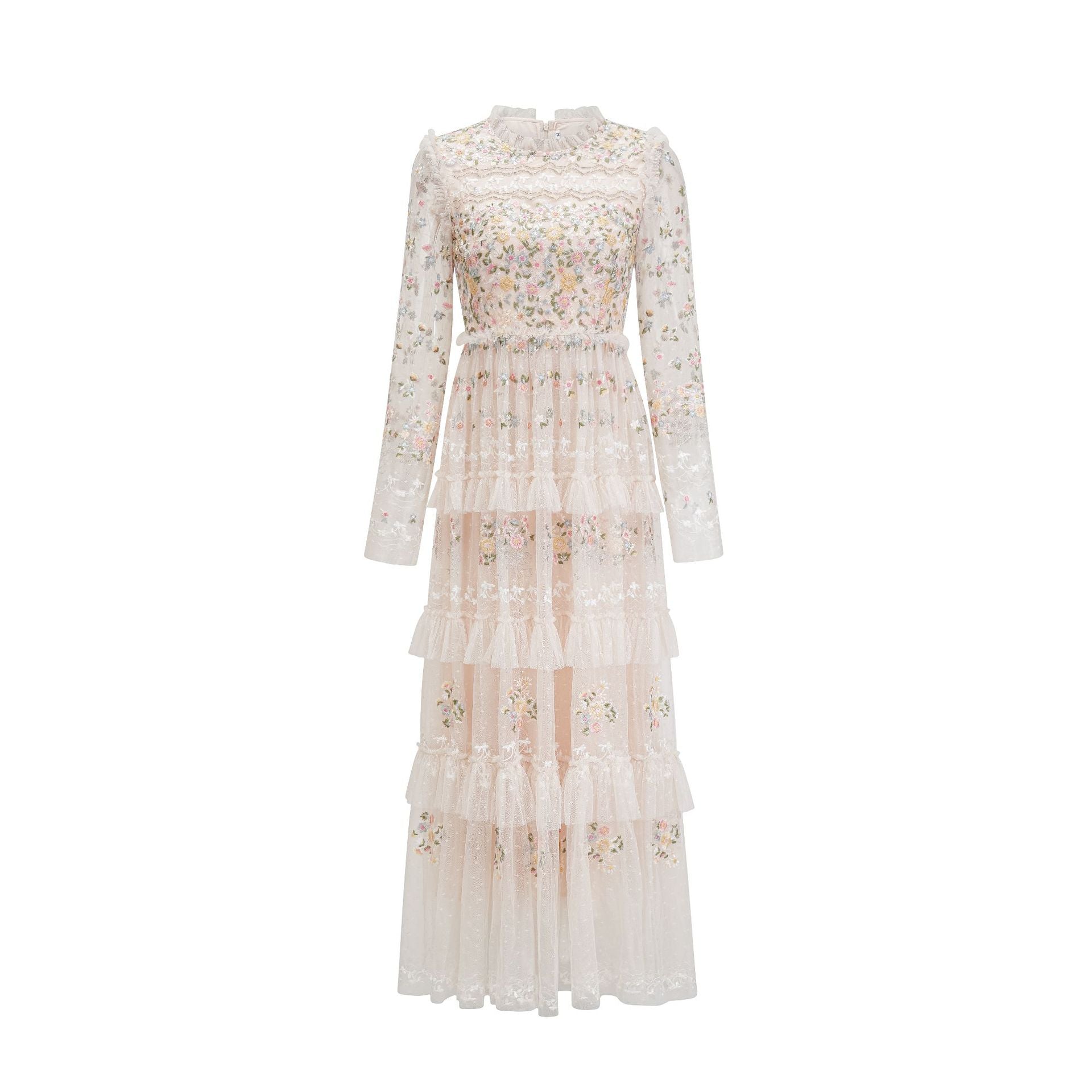 Elegant Goddess Dreamy Tulle Floral Embroidery Fairy Round Neck Waist-Cinched Flared Long Dress Gown