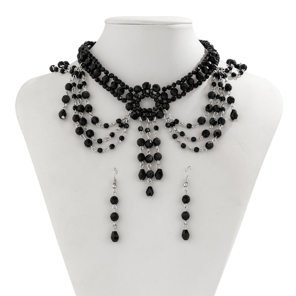 Gothic style beaded woven crystal choker set, female personality, dark tassel collar accessory