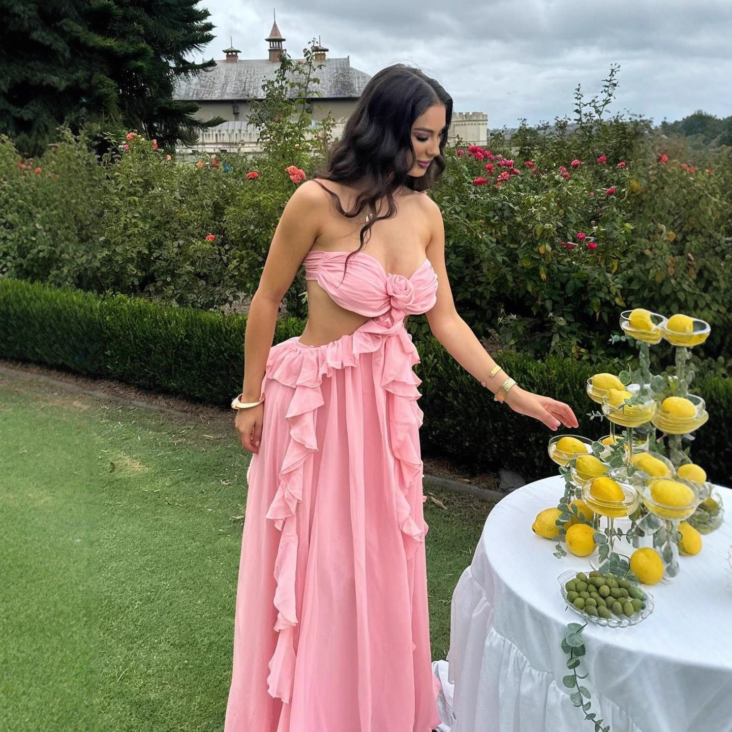 Patchwork Ruffle Strapless Long Chiffon Fairy Dress