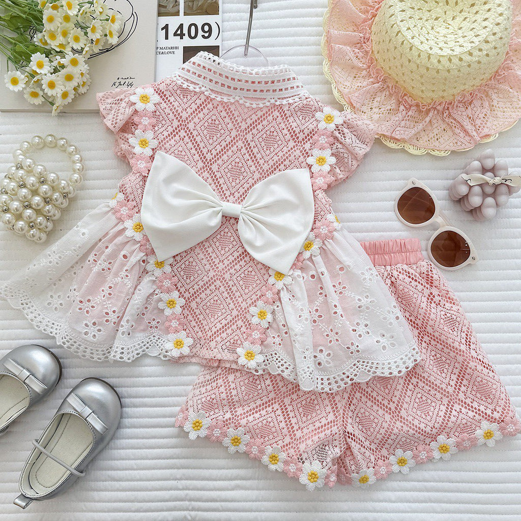 Summer Girls' Set New Lace Flower Top Ruffled Shorts Baby Girl Princess Two-Piece Set Fashion