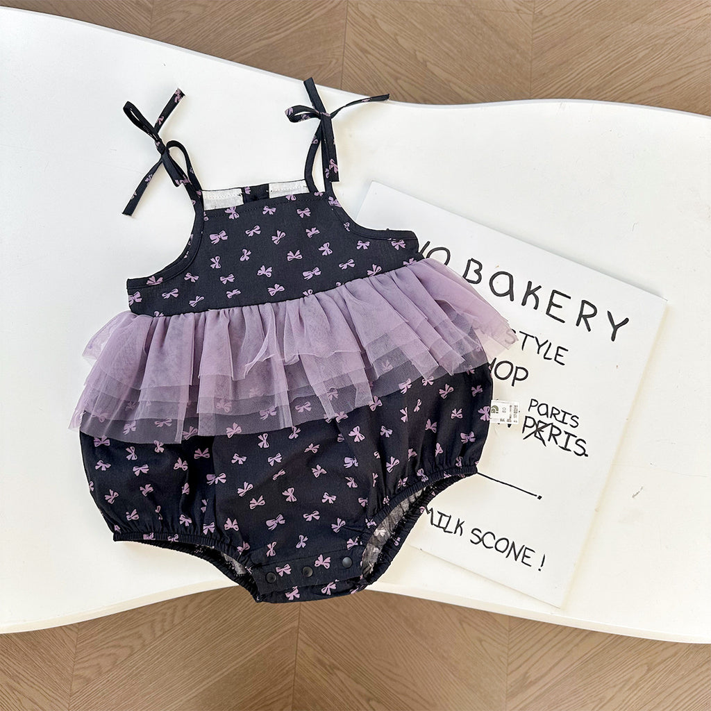 Baby Clothes Summer Sleeveless Butterfly Knot Romper for Girls, Mesh Baby Bodysuit for Newborns and 100-Day Celebration, Summer Outfit