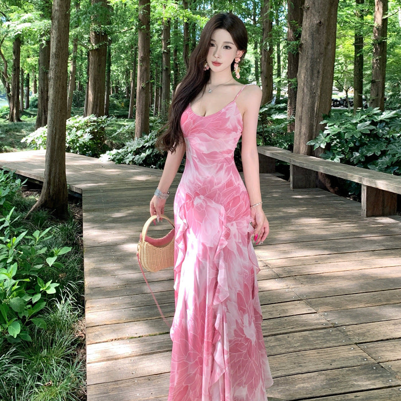 Pink Lotus Strapless Dress with Ruffled Lace Hem, Flowy Fairy-Like Waist-Cinching Vacation Dress for Women Summer
