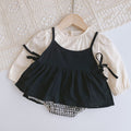 Cute Two-Piece Set for Girls, Solid Color Top and Checkered Romper, Casual Baby Girl Clothing