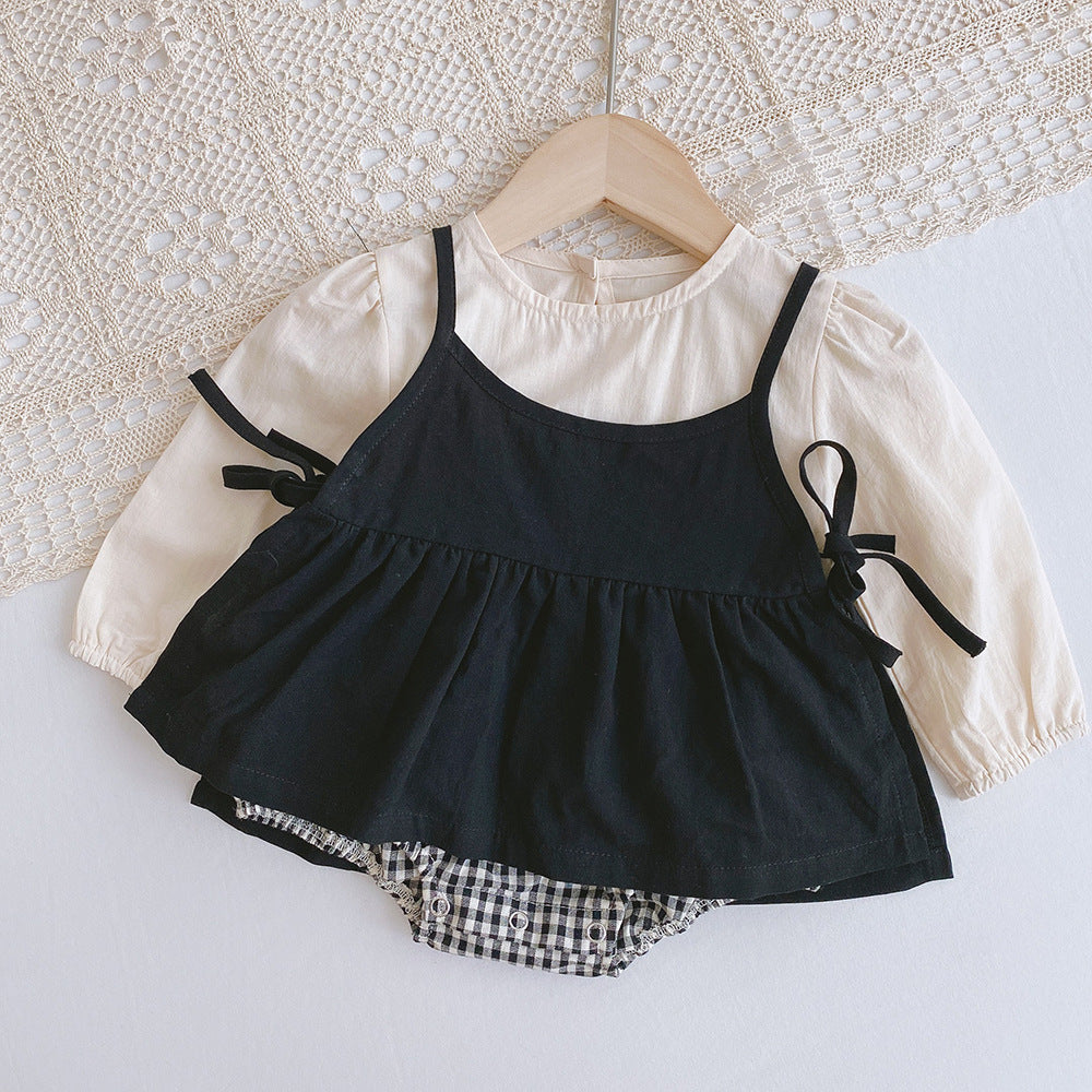 Cute Two-Piece Set for Girls, Solid Color Top and Checkered Romper, Casual Baby Girl Clothing
