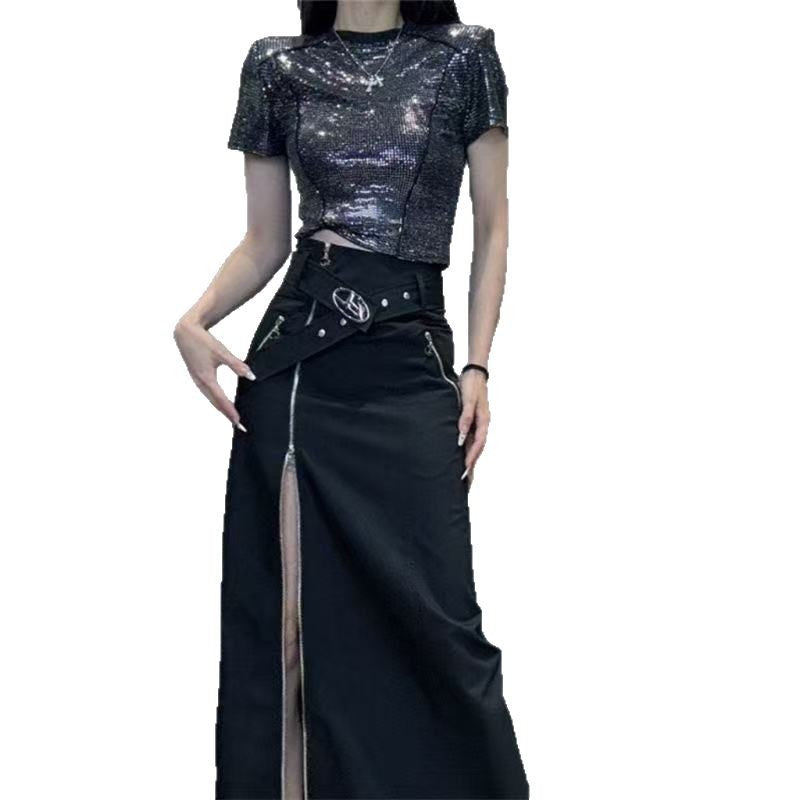 Dark Style Fashion High-Waisted Midi Skirt with Zipper Design, Side Split, Black Step Skirt with Belt Included