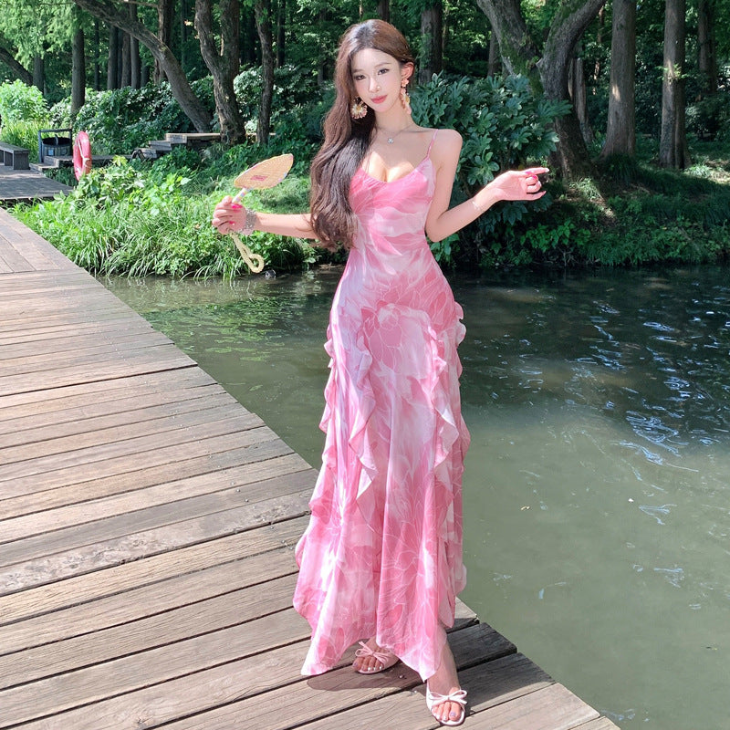 Pink Lotus Strapless Dress with Ruffled Lace Hem, Flowy Fairy-Like Waist-Cinching Vacation Dress for Women Summer