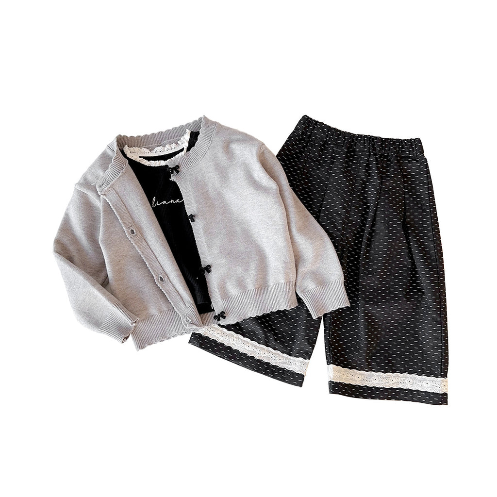 Girls' Set Spring Knit Cardigan Stylish Baby Top Toddler Wide-Leg Pants Outing Clothes