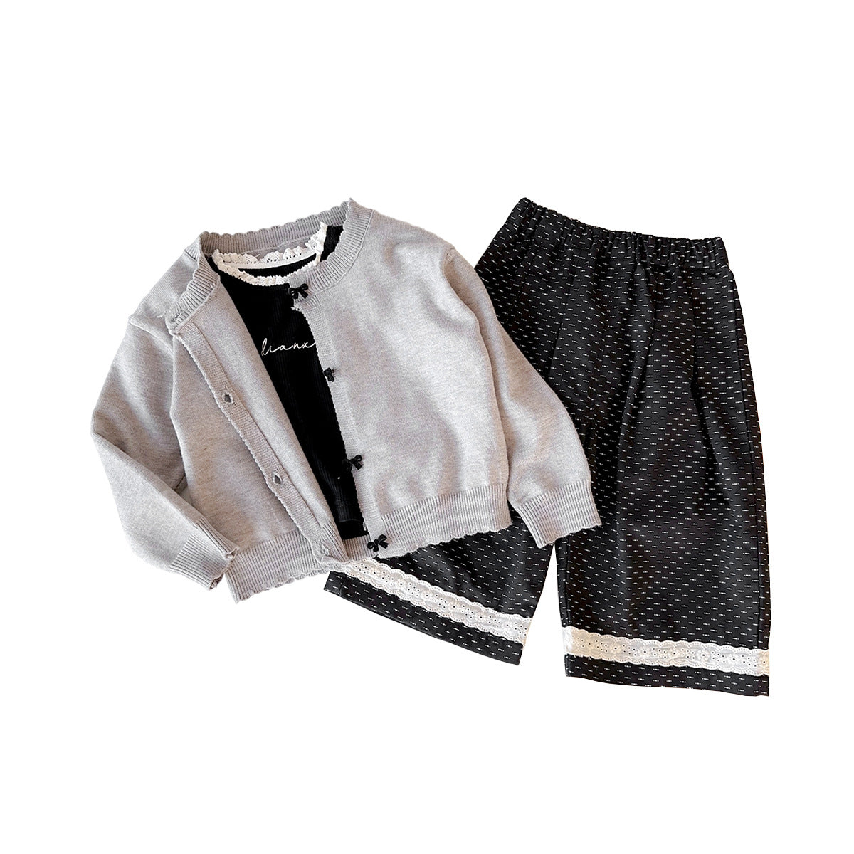 Girls' Set Spring Knit Cardigan Stylish Baby Top Toddler Wide-Leg Pants Outing Clothes