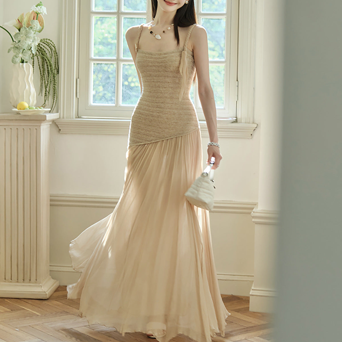 Silk Feather Fairy Resort-Style Knit and Mesh Mid-Length Strap Dress for Women