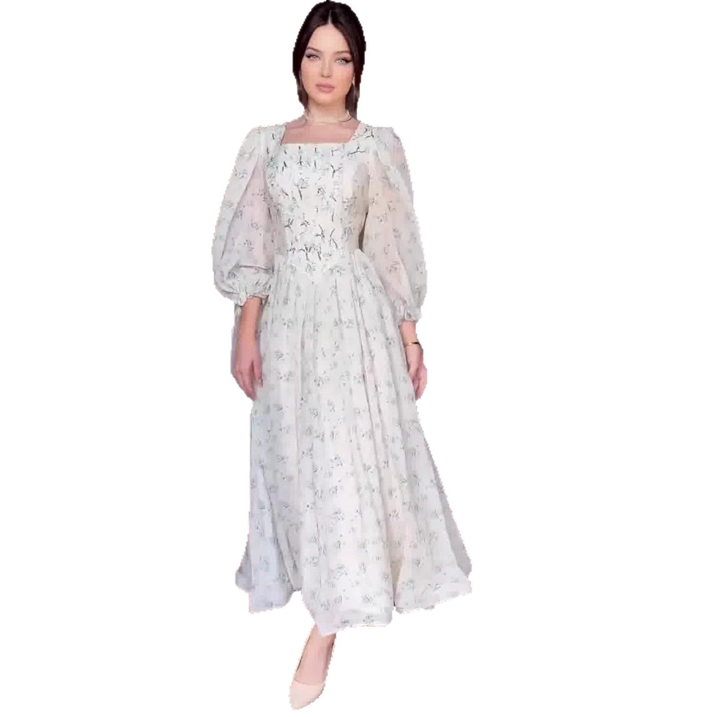 Floral Long Fitted Waist Belted Fairy Dress with Square Neck