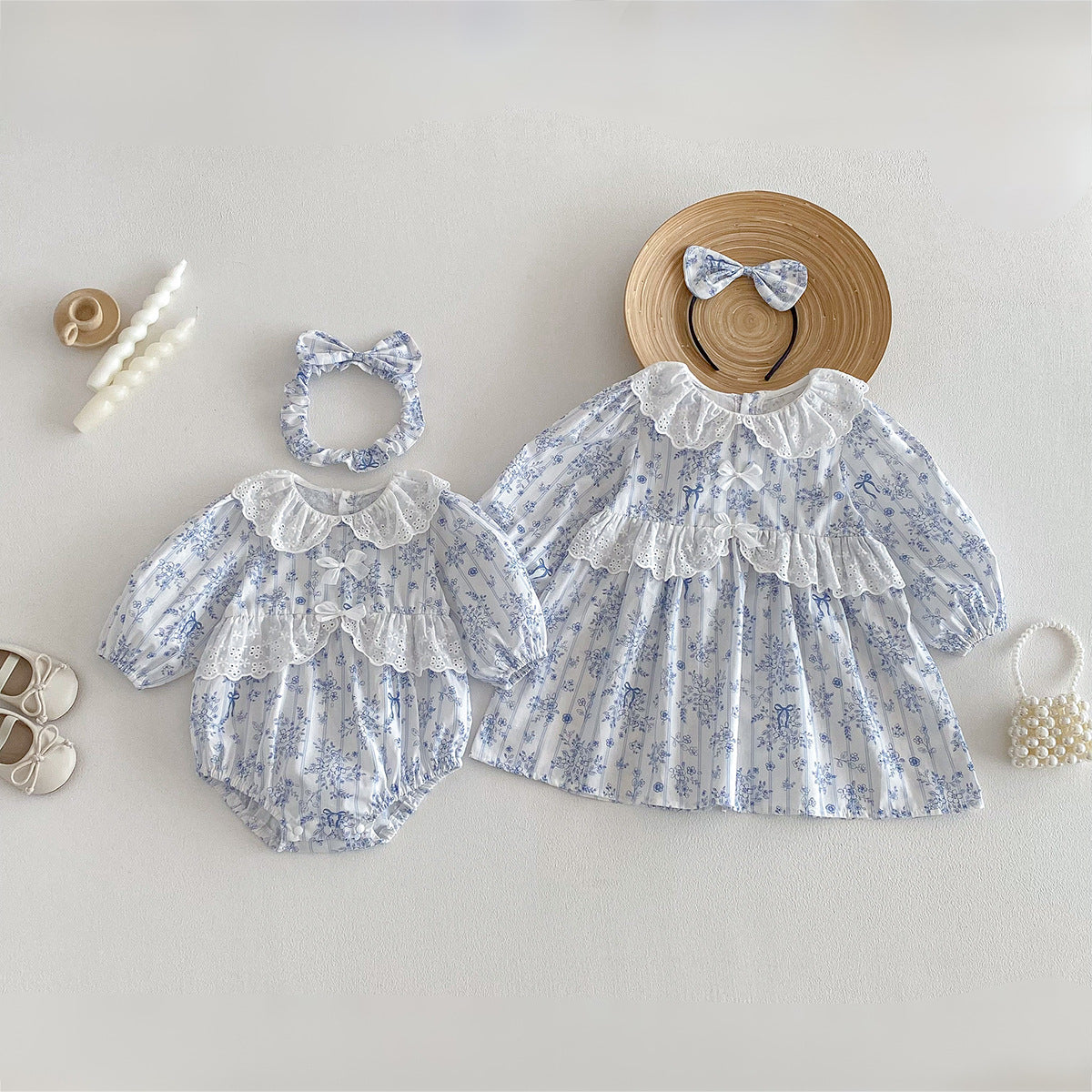 Cute Baby Girl Spring Fashion Ruffled Romper with Blue Bow Dress, Sister Set