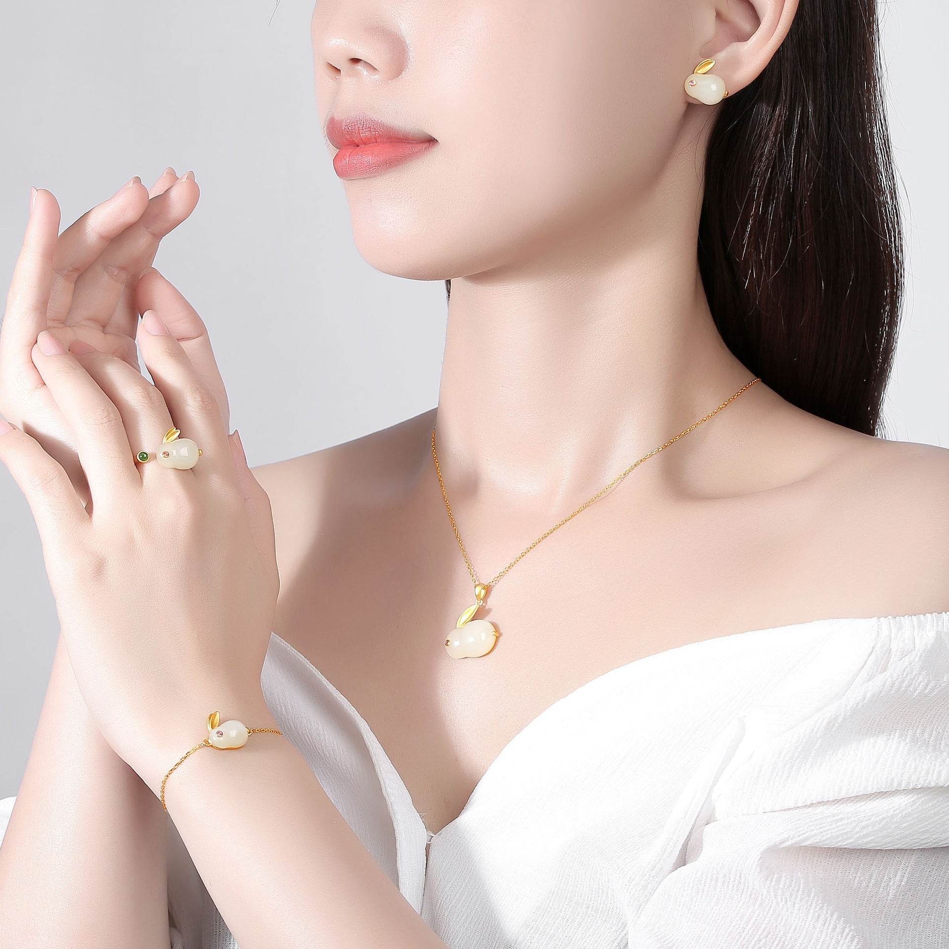 Hotan Jade Rabbit Pendant S925 Silver Gilded Lovely Jade Rabbit Earnail Necklace Bracelet Ring Fairy Jewelry