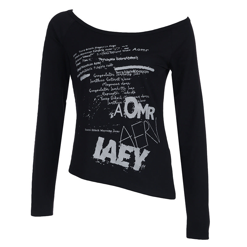 Y2K Dark Style Letter Print Off-Shoulder Loose Short Sleeve T-Shirt Millennium Spicy Girl Street Sexy Backless Hip Hop Top