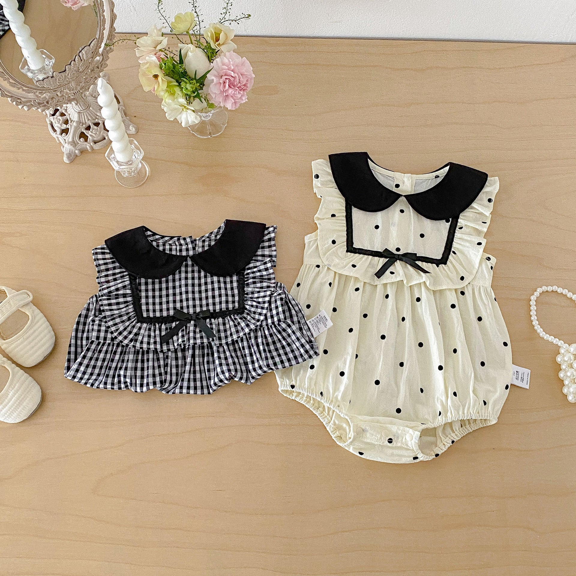 Baby Summer Lightweight Clothes, Sweet Polka Dot and Plaid Girl Baby Vest Onesie, Newborn A-Class Clothing for Summer