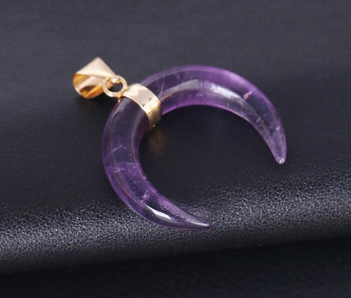 Natural Stones Crescent Moon Necklaces Pendants Purple Crystal Pink Quartz White Stone Gold Color Reiki Women Jewelry