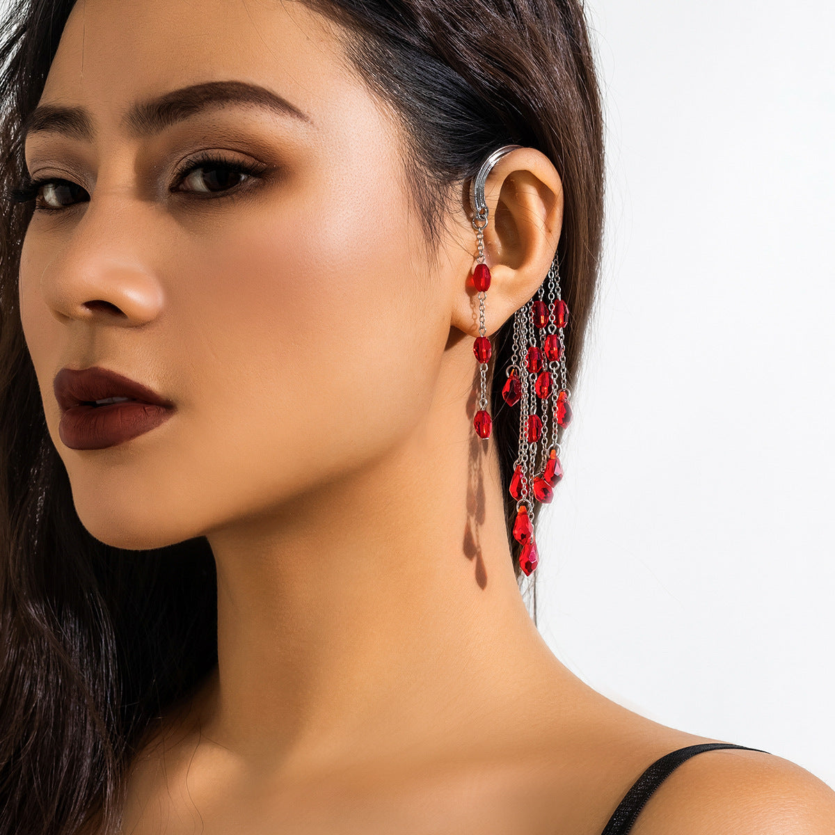 Gothic style blood stained crystal pendant with ear hooks, no ear holes, exaggerated blood drop earrings, ear clips for women