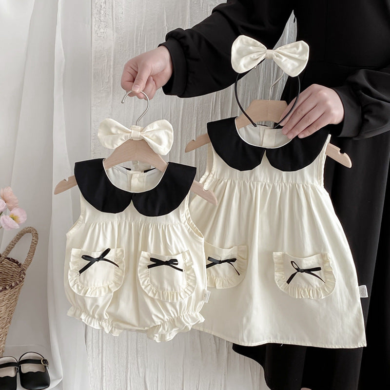 Summer Sleeveless Romper Baby Clothes Girl Sweet Chic Style Dress Triangle Crawler Sister Set