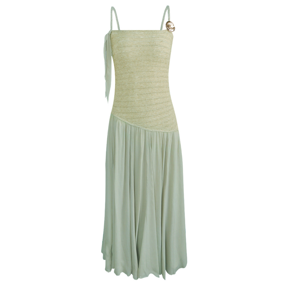 Silk Feather Fairy Resort-Style Knit and Mesh Mid-Length Strap Dress for Women