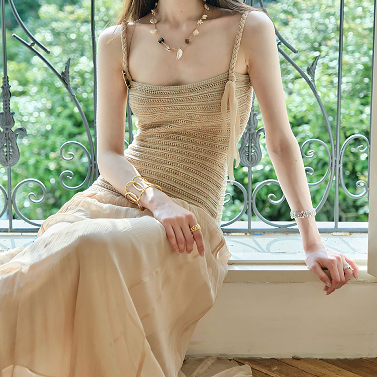 Silk Feather Fairy Resort-Style Knit and Mesh Mid-Length Strap Dress for Women