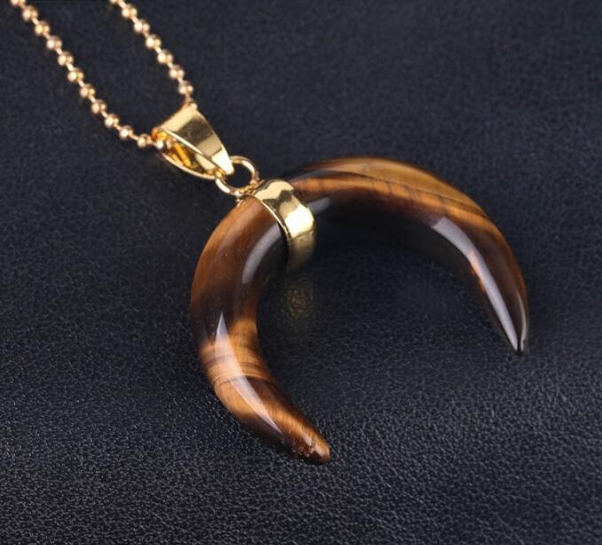 Natural Stones Crescent Moon Necklaces Pendants Purple Crystal Pink Quartz White Stone Gold Color Reiki Women Jewelry