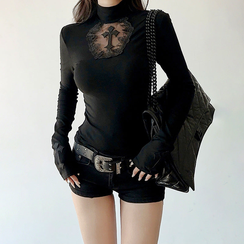 Dark Chic Sexy Fitted Hollow-Out Cross Long Sleeve Top