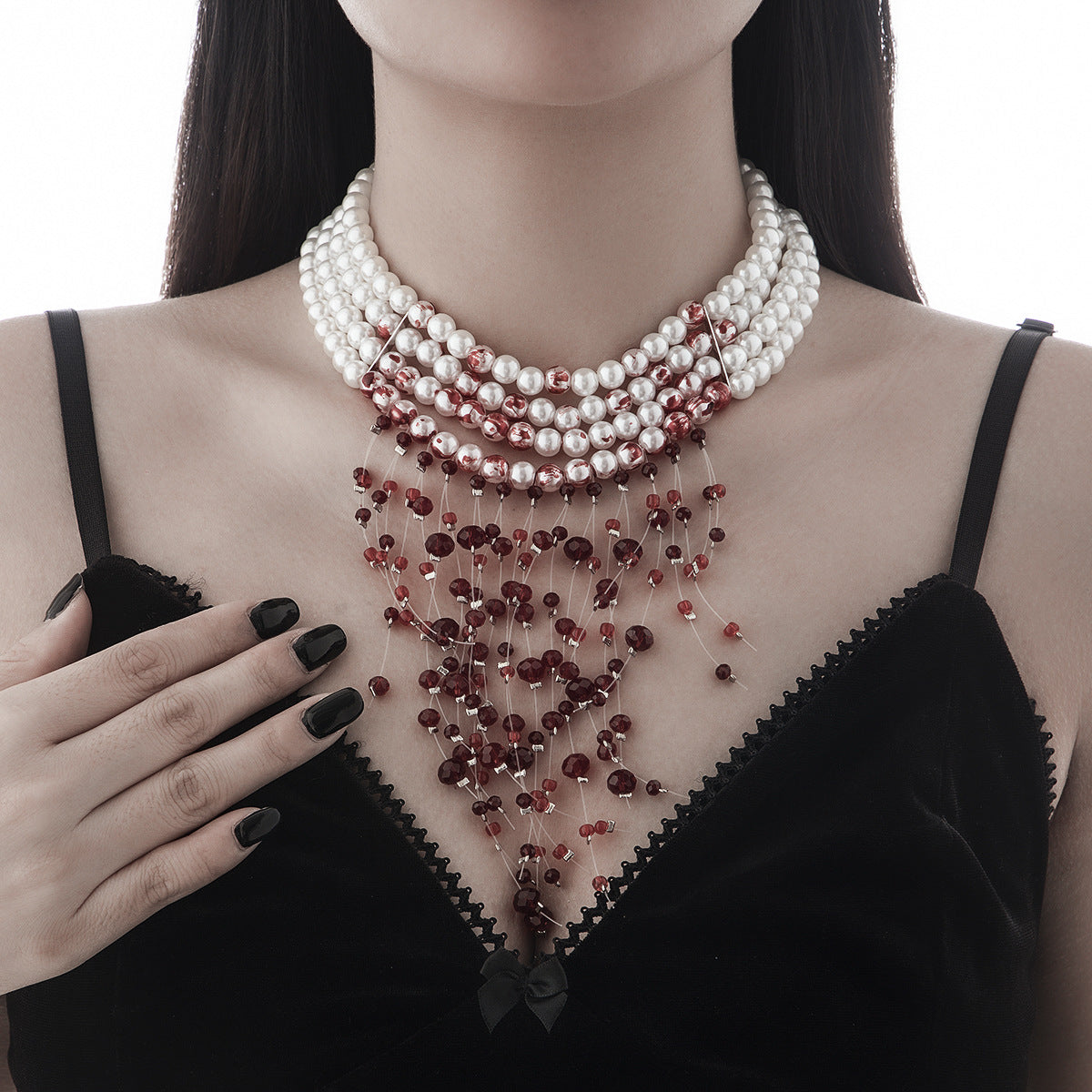 Gothic style pearl necklace choker Halloween blood drop tassel crystal collarbone chain