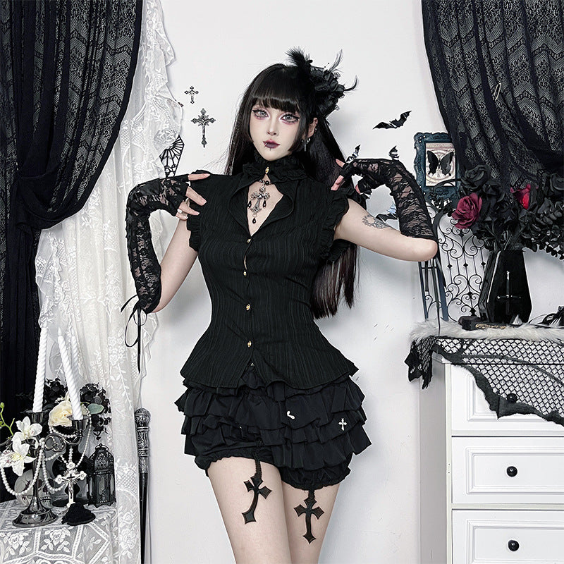 Dark retro open neck gothic wood ear pinching waist top for women