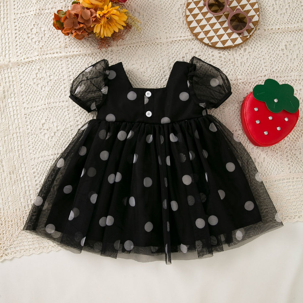 Summer Baby Girl Black Polka Dot Mesh Dress, Square Neck Bubble Sleeve Princess Dress