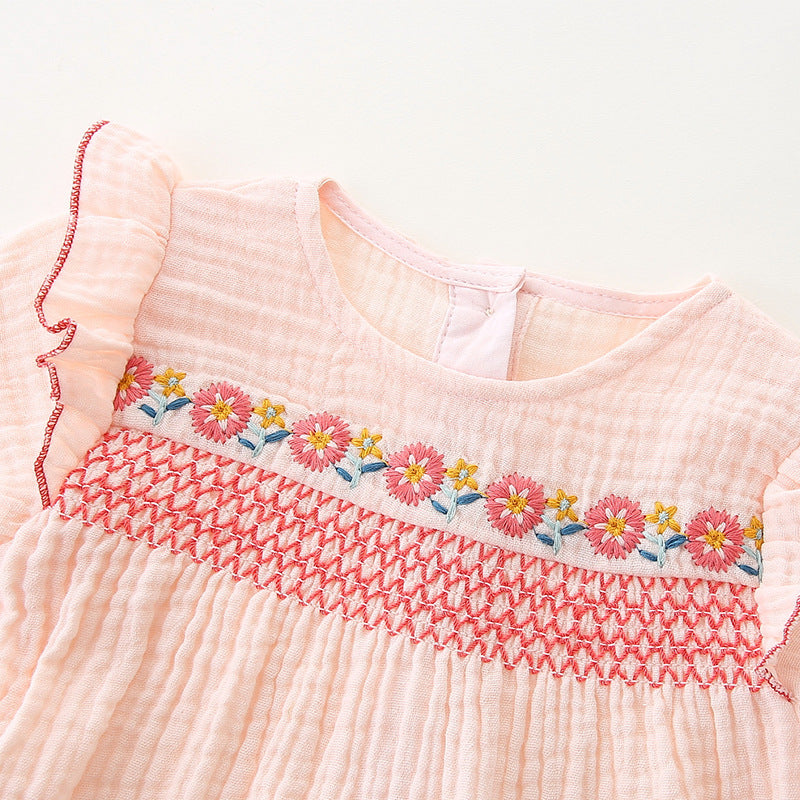 Baby Spring Autumn New Cotton Romper with Flower Embroidery for Girls, Infant Bodysuit Crawling Clothes