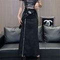 Dark Style Fashion High-Waisted Midi Skirt with Zipper Design, Side Split, Black Step Skirt with Belt Included