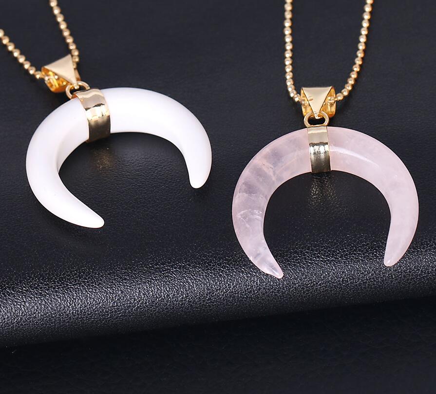 Natural Stones Crescent Moon Necklaces Pendants Purple Crystal Pink Quartz White Stone Gold Color Reiki Women Jewelry