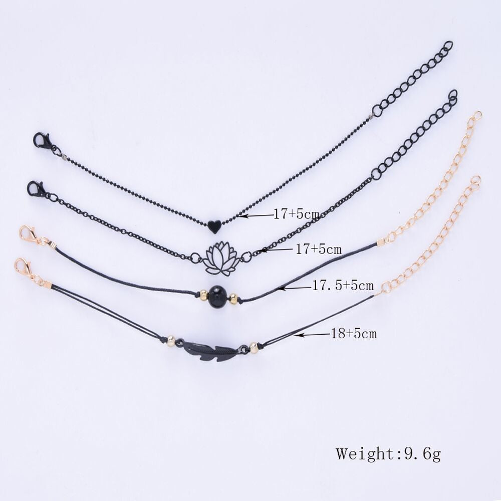 New Fashion 4PCs Gothic Black Feather Lotus Bracelets Set Heart Charm Boho Bangles For Women Wrist Chain Bracelets
