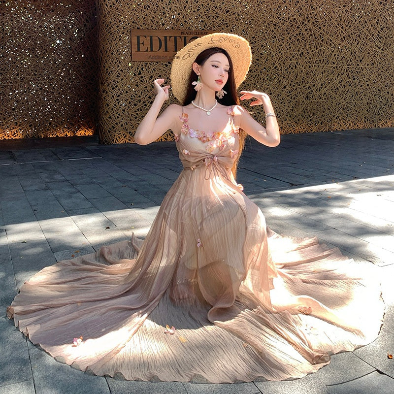 French Heavy Work V-Neck Three-Dimensional Flower Strapless Dress Vacation Fairy Long Dress