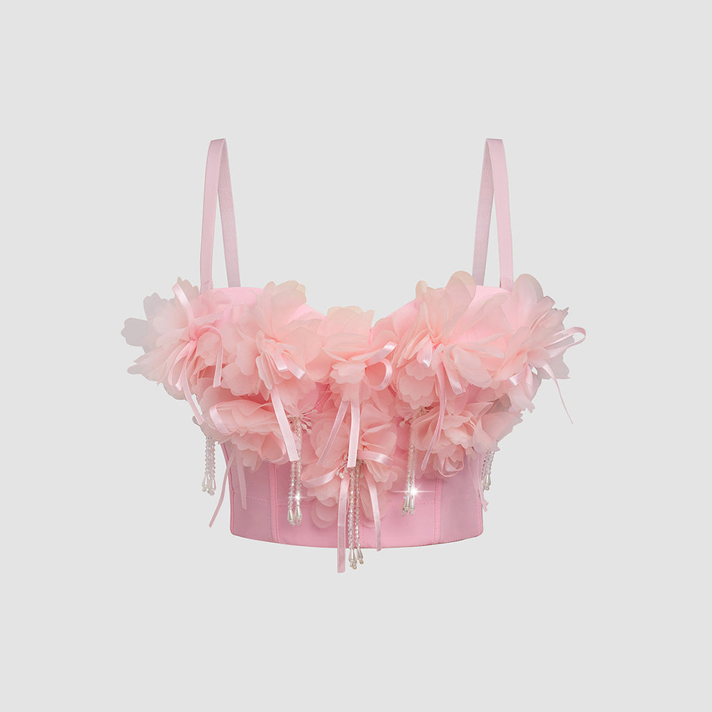 Pink Strapless Floral Tassel Fairy Fitted Shaping Boned Bustier