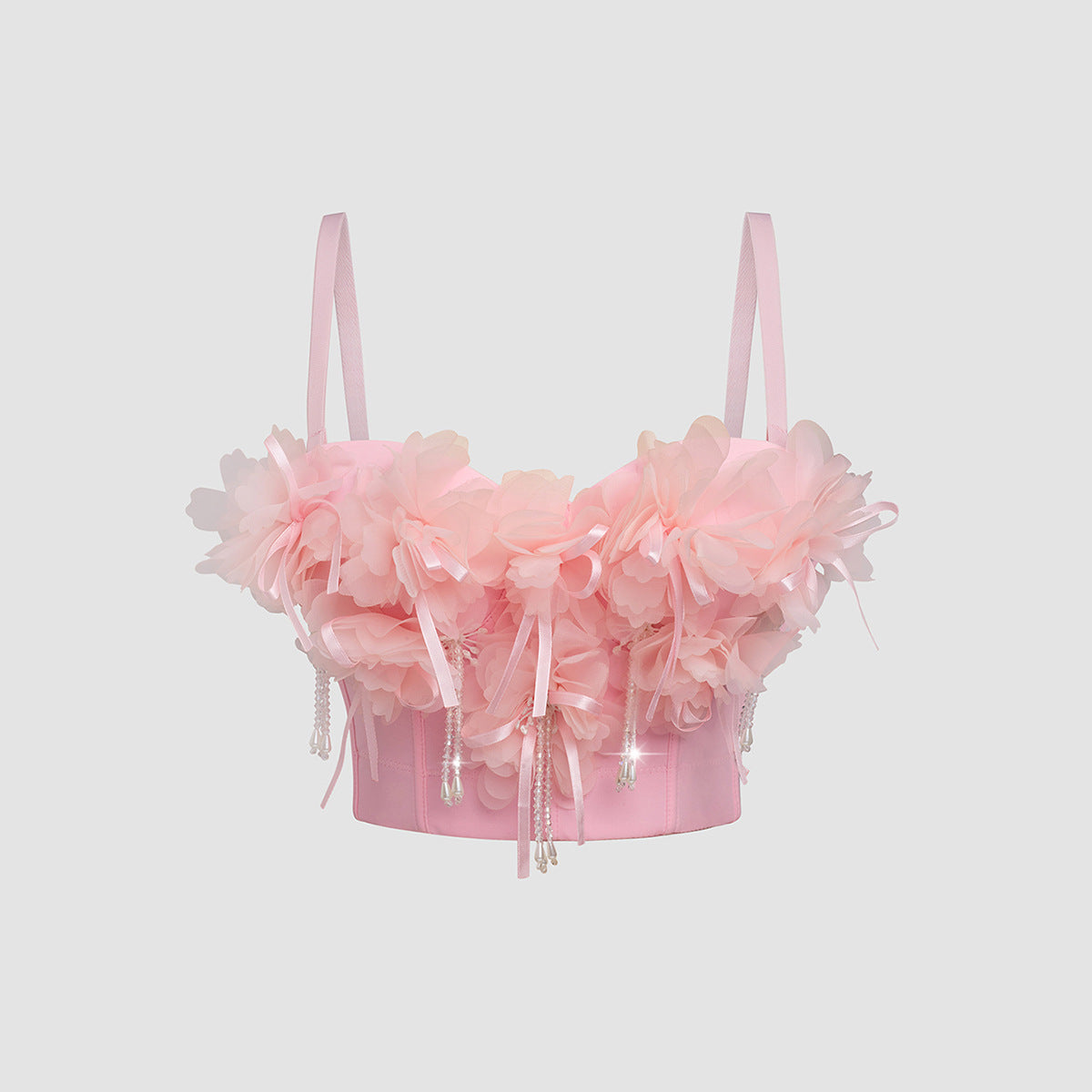 Pink Strapless Floral Tassel Fairy Fitted Shaping Boned Bustier