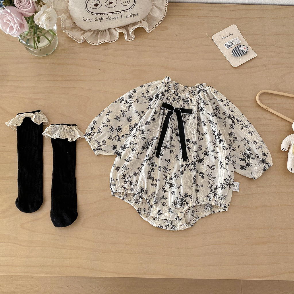 Spring New Baby Girl Floral Cotton Romper with Bow, Stylish Print Cotton Triangular Bodysuit for Infants