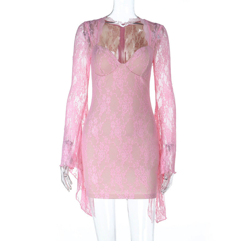 Elegant Lace V-Neck Flared Sleeve Flowy Cocktail Sheath Dress for Women
